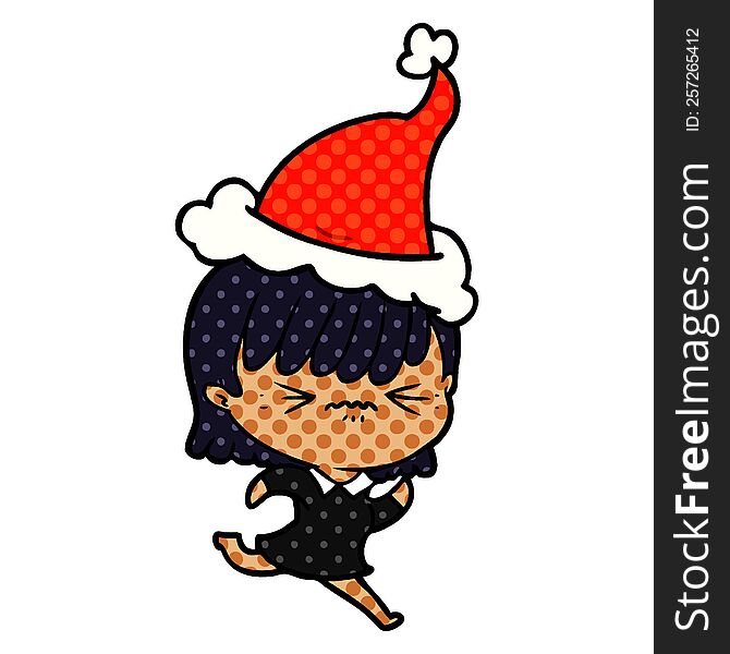 annoyed hand drawn comic book style illustration of a girl wearing santa hat