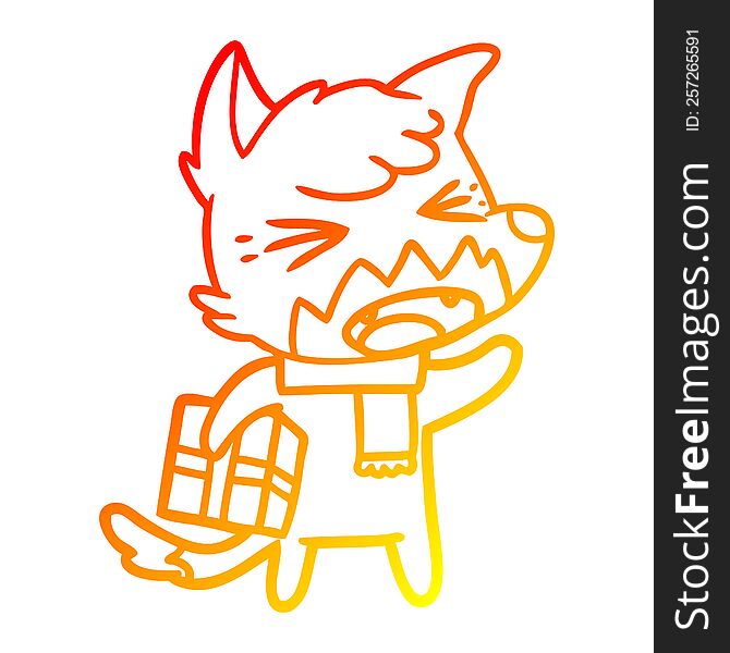 Warm Gradient Line Drawing Angry Cartoon Fox With Gift