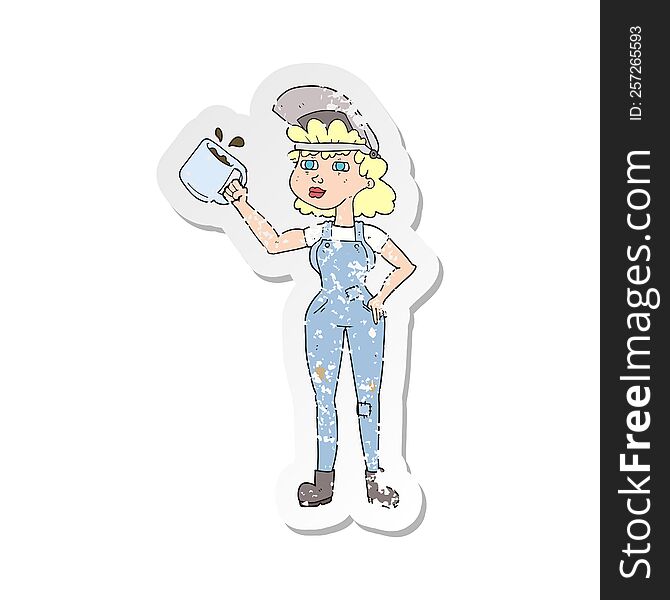 Retro Distressed Sticker Of A Cartoon Woman In Dungarees