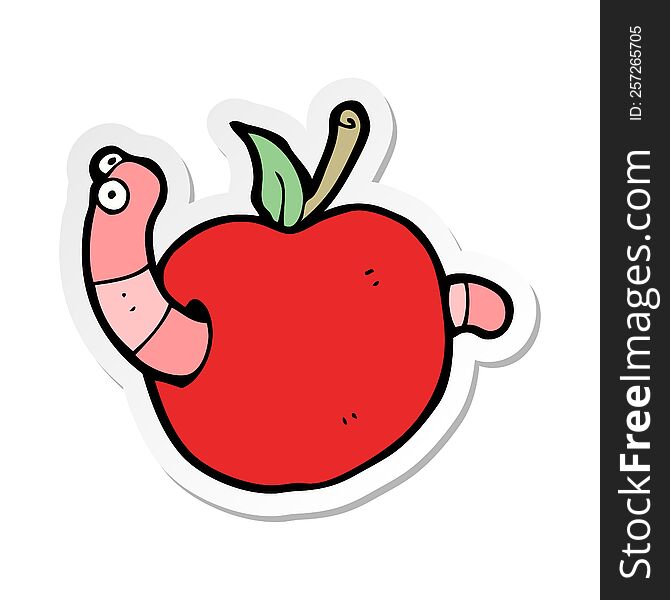 sticker of a cartooon worm in apple