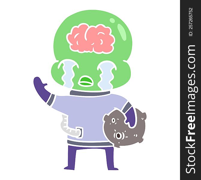 Flat Color Style Cartoon Big Brain Alien Crying And Waving Goodbye