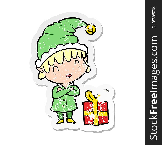 Distressed Sticker Of A Cartoon Happy Christmas Elf