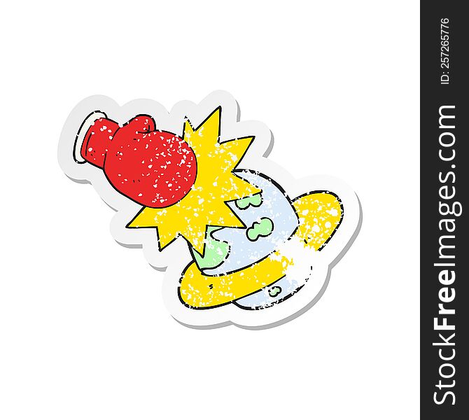 retro distressed sticker of a cartoon planet taking a punch