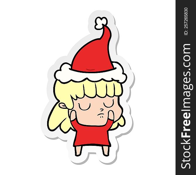 hand drawn sticker cartoon of a indifferent woman wearing santa hat