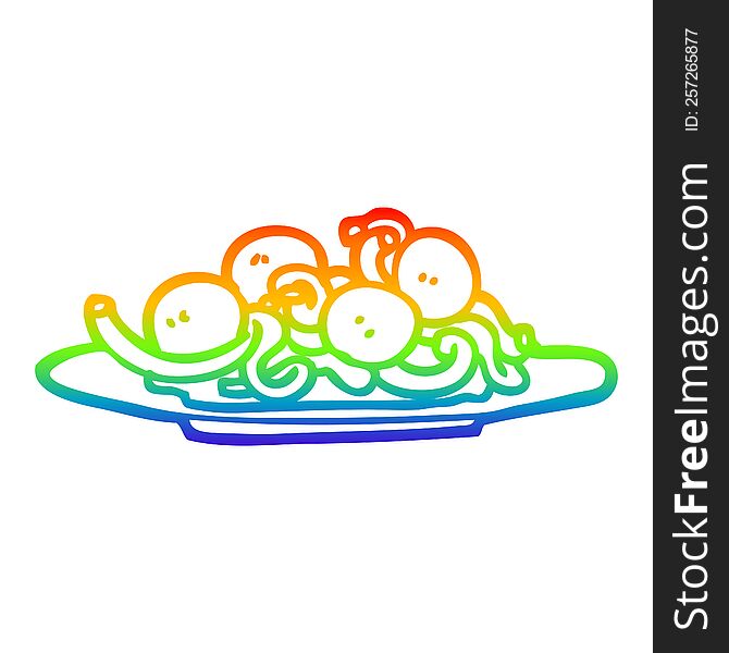 rainbow gradient line drawing of a cartoon spaghetti and meatballs