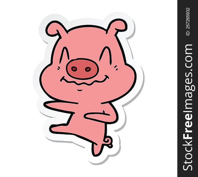 Sticker Of A Nervous Cartoon Pig Dancing