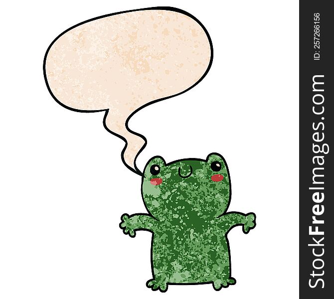 cartoon frog with speech bubble in retro texture style