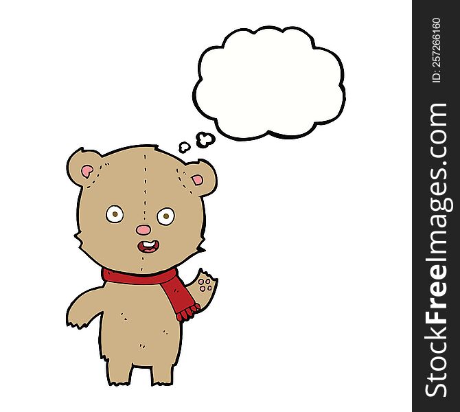 Cartoon Waving Teddy Bear With Scarf With Thought Bubble
