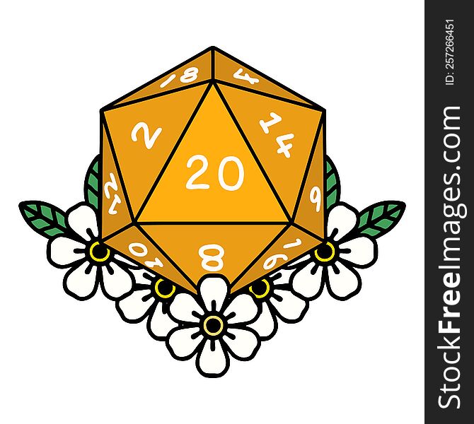 natural 20 D20 dice roll with floral elements illustration