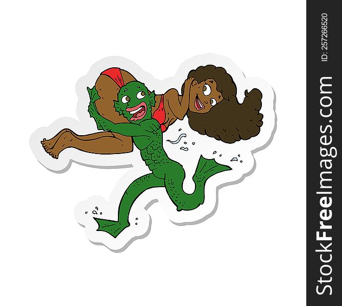 sticker of a cartoon swamp monster carrying girl in bikini