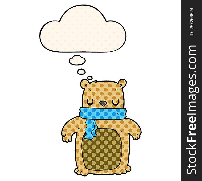 cartoon bear with scarf with thought bubble in comic book style