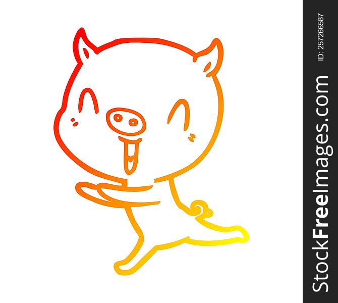 warm gradient line drawing of a happy cartoon pig running