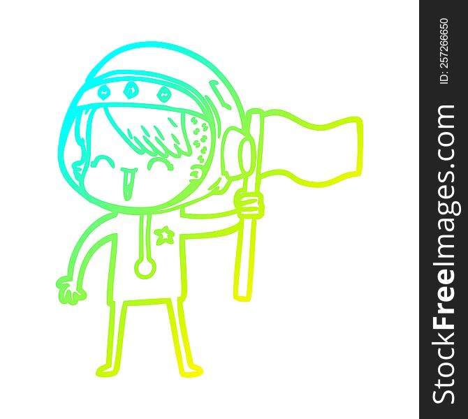 cold gradient line drawing of a happy cartoon space girl holding flag