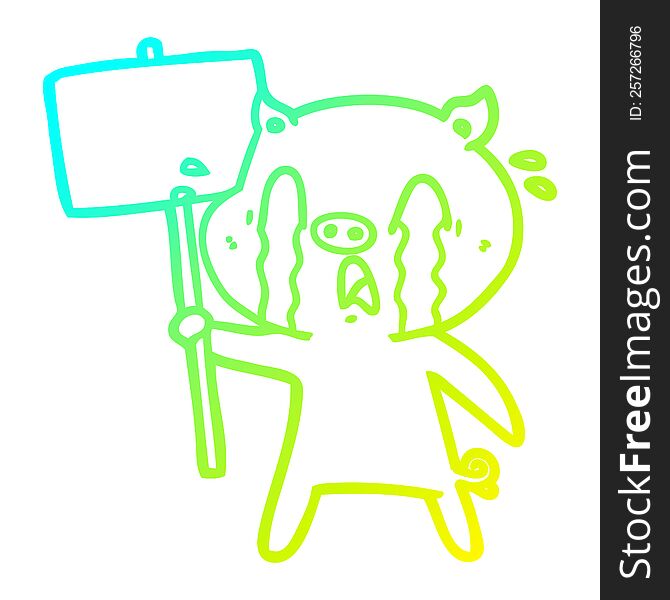 cold gradient line drawing of a crying pig cartoon with protest sign
