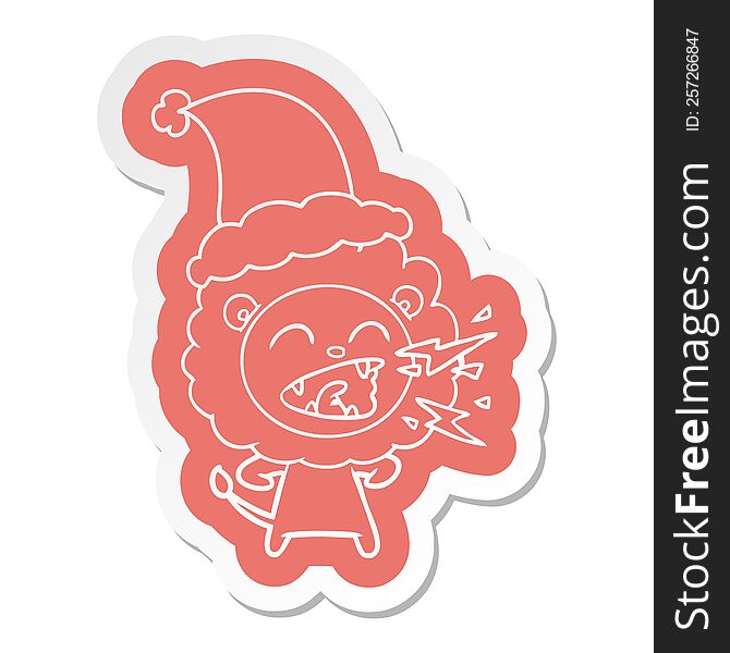 Cartoon  Sticker Of A Roaring Lion Wearing Santa Hat