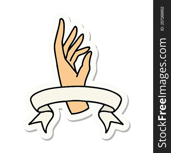 tattoo style sticker with banner of a hand
