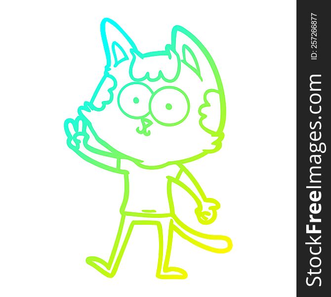 cold gradient line drawing of a happy cartoon cat giving peace sign