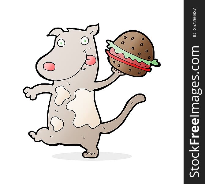 cartoon hungry dog with burger