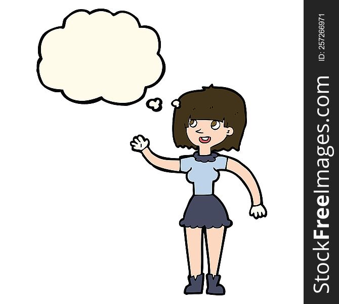 Cartoon Girl Waving With Thought Bubble