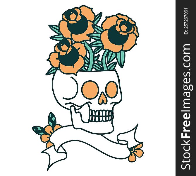 tattoo with banner of a skull and roses