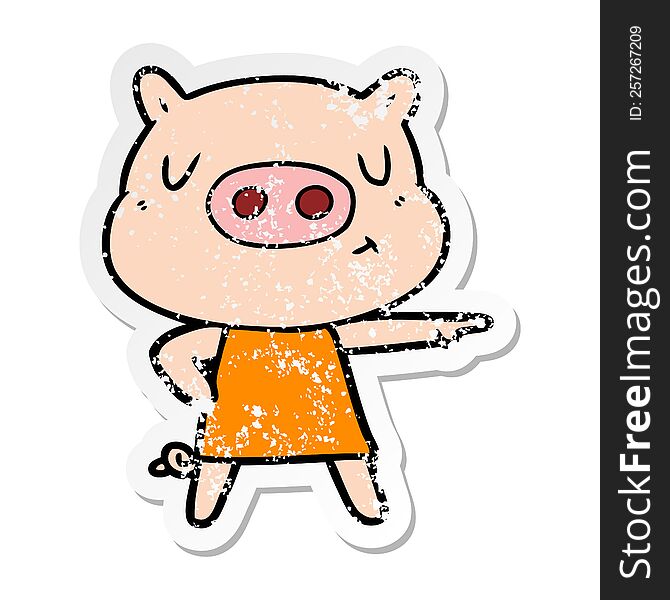 distressed sticker of a cartoon content pig in dress pointing