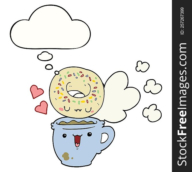 Cute Cartoon Donut And Coffee And Thought Bubble