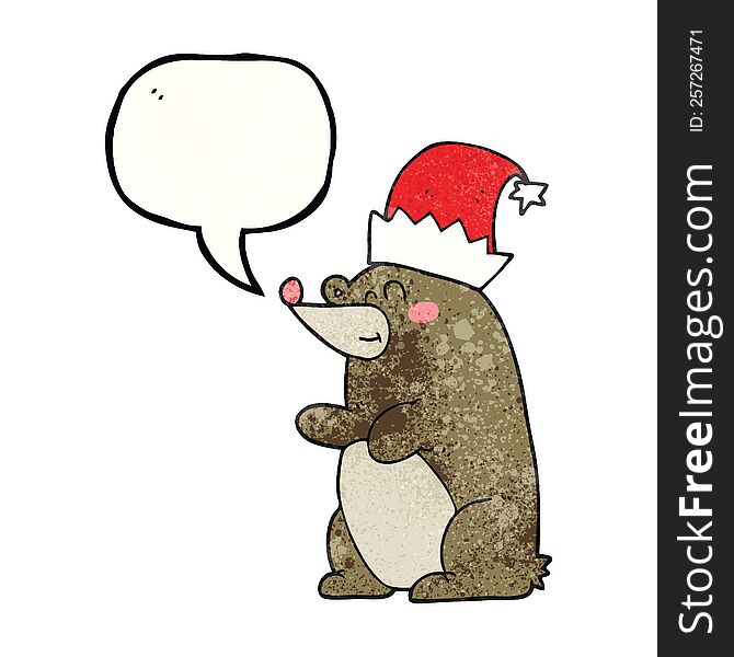 Speech Bubble Textured Cartoon Bear Wearing Christmas Hat