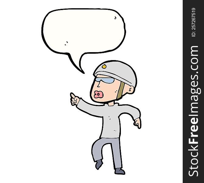 cartoon man in bike helmet pointing with speech bubble