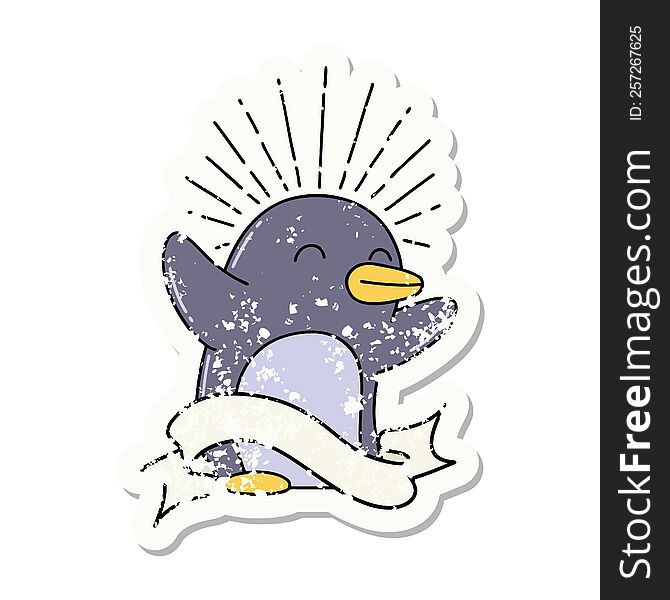 worn old sticker of a tattoo style happy penguin. worn old sticker of a tattoo style happy penguin