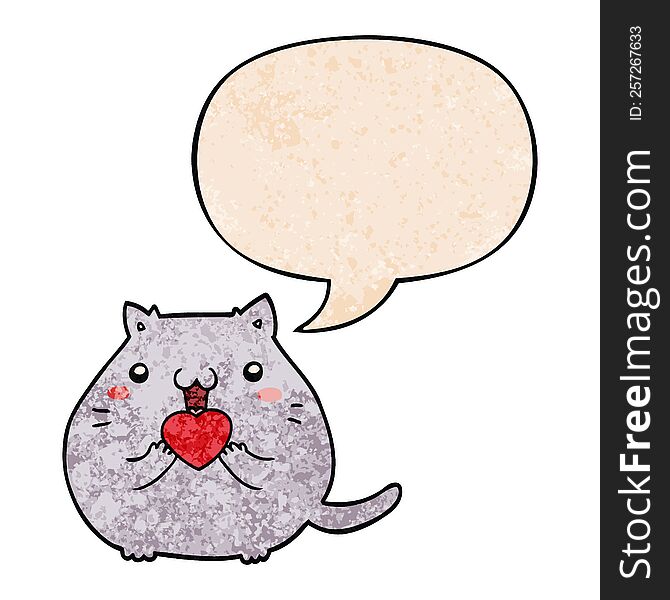 Cute Cartoon Cat In Love And Speech Bubble In Retro Texture Style