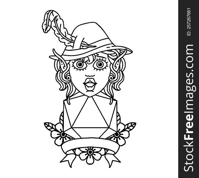 Black and White Tattoo linework Style elf bard with natural twenty dice roll. Black and White Tattoo linework Style elf bard with natural twenty dice roll