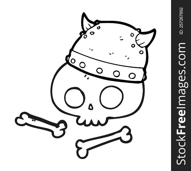 freehand drawn black and white cartoon viking helmet on skull