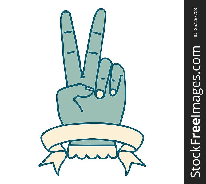 Retro Tattoo Style peace two finger hand gesture with banner. Retro Tattoo Style peace two finger hand gesture with banner