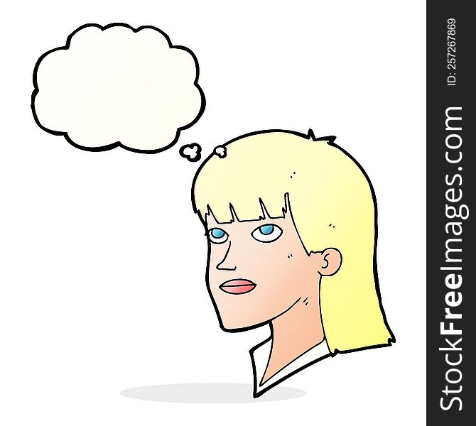 cartoon serious woman with thought bubble