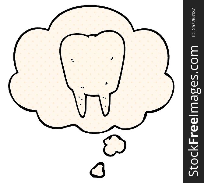 cartoon tooth with thought bubble in comic book style