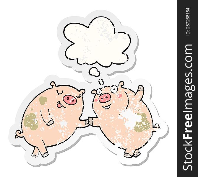 cartoon pigs dancing with thought bubble as a distressed worn sticker