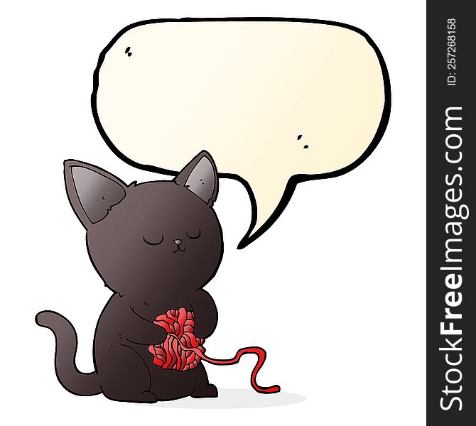 cartoon cute black cat playing with ball of yarn with speech bubble