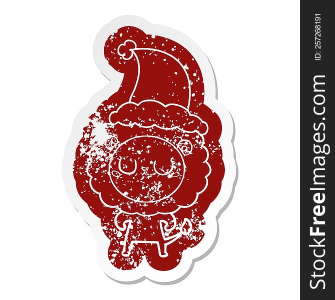 Cartoon Distressed Sticker Of A Lion Wearing Santa Hat