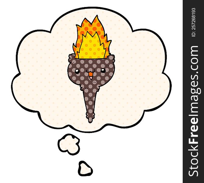 cartoon flaming chalice with thought bubble in comic book style