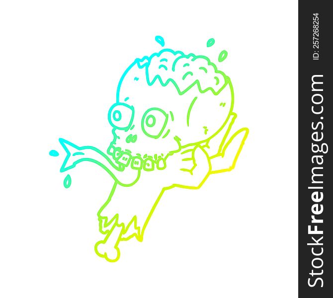 cold gradient line drawing of a cartoon halloween skull in zombie hand