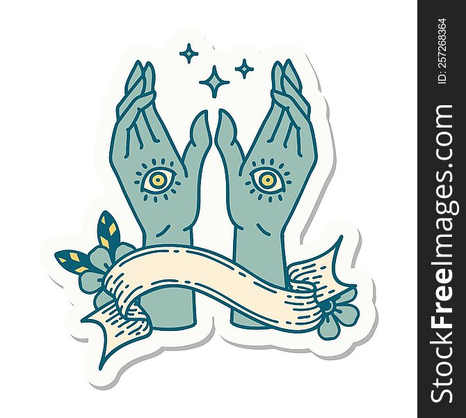 tattoo style sticker with banner of mystic hands
