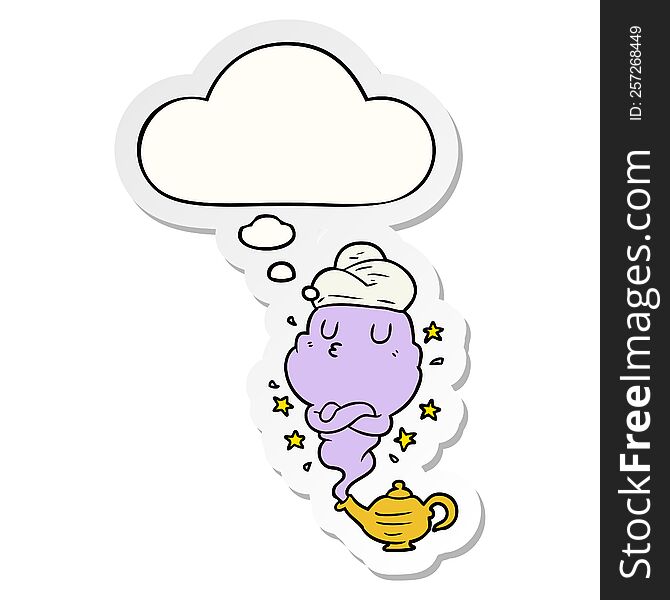 cartoon genie with thought bubble as a printed sticker