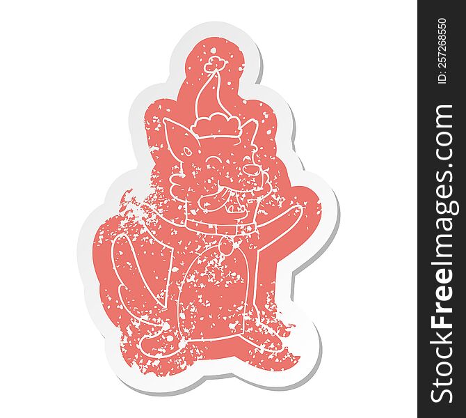 quirky cartoon distressed sticker of a happy dog wearing santa hat