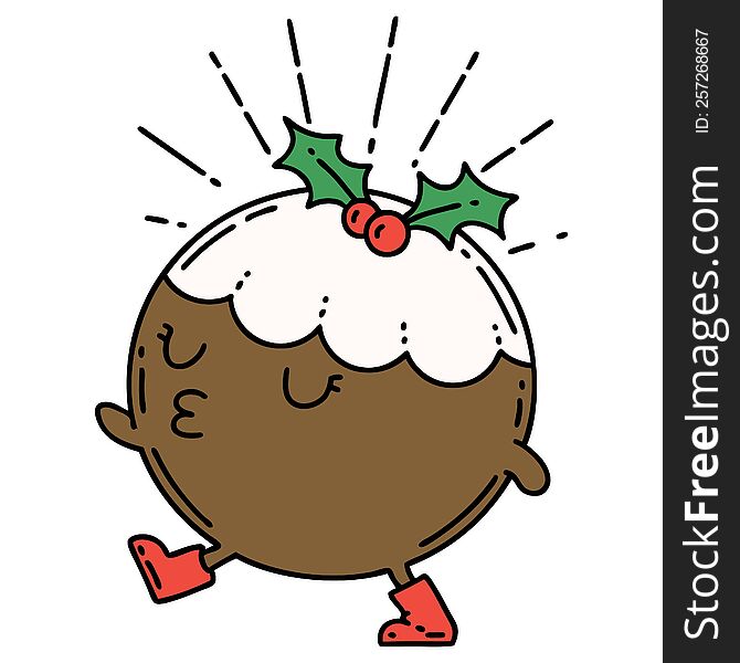 illustration of a traditional tattoo style christmas pudding character walking