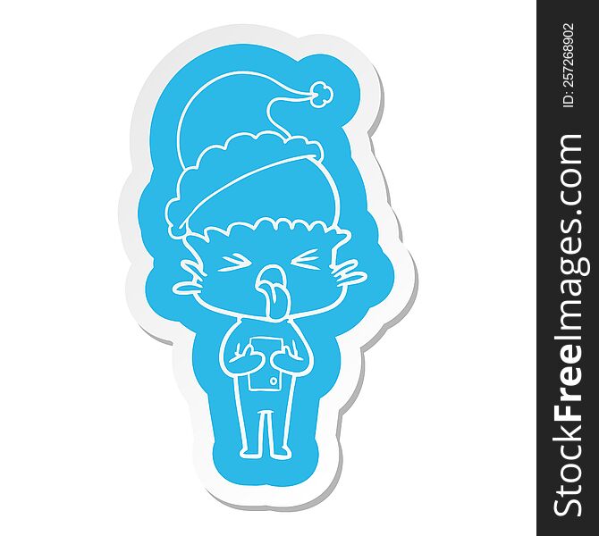 Disgusted Cartoon  Sticker Of A Alien Wearing Santa Hat