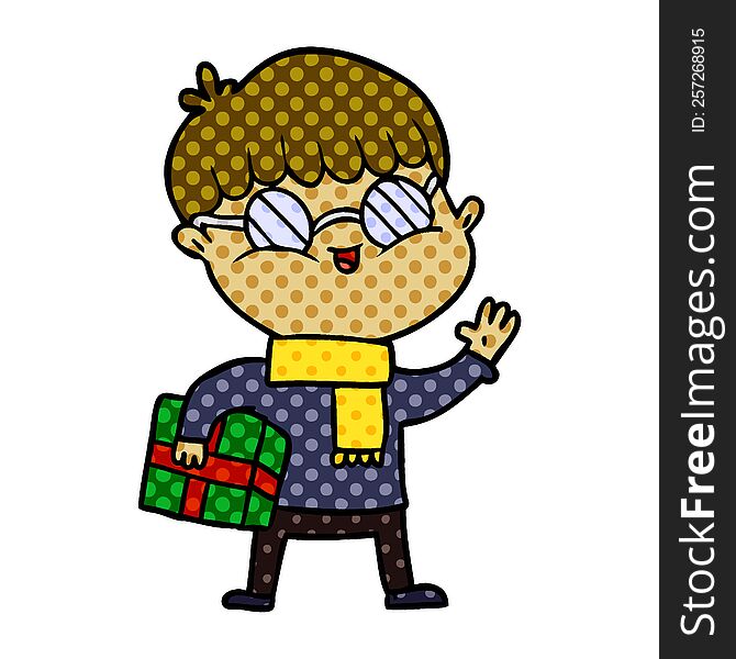 cartoon boy wearing spectacles carrying gift. cartoon boy wearing spectacles carrying gift