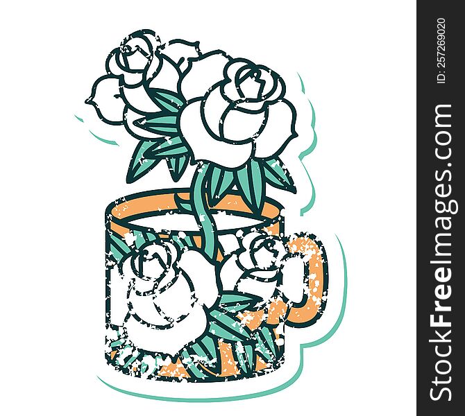 iconic distressed sticker tattoo style image of a cup and flowers. iconic distressed sticker tattoo style image of a cup and flowers