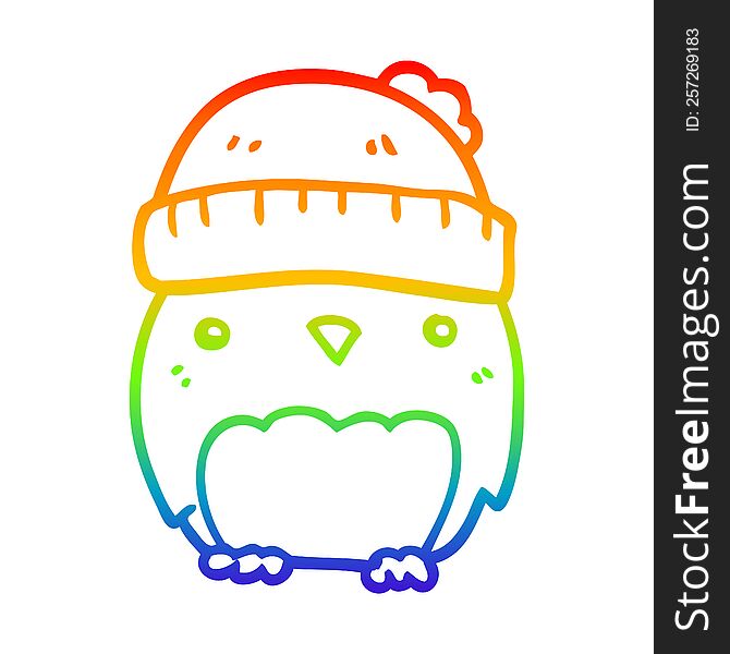 Rainbow Gradient Line Drawing Cute Cartoon Owl In Hat