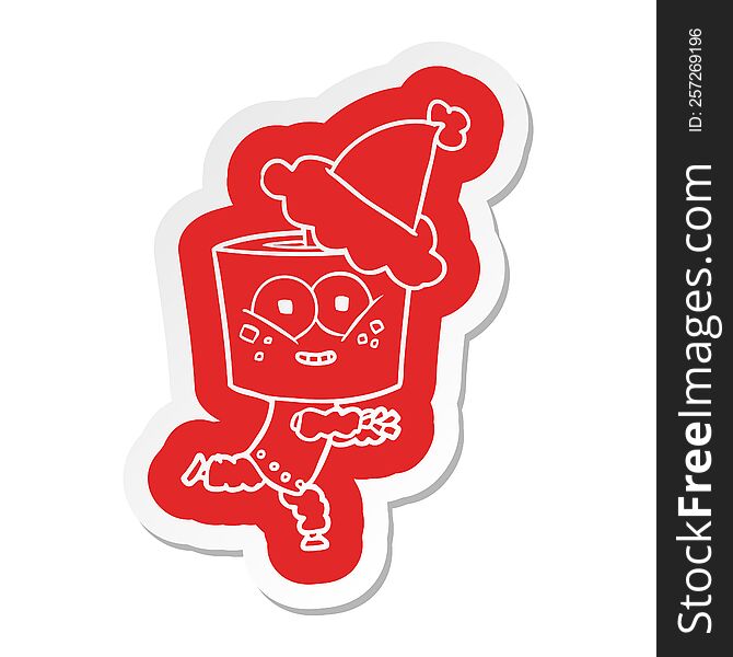 Happy Cartoon  Sticker Of A Robot Wearing Santa Hat
