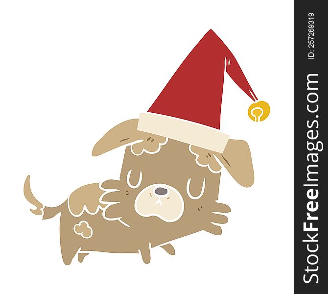 Flat Color Style Cartoon Little Dog In Christmas Hat